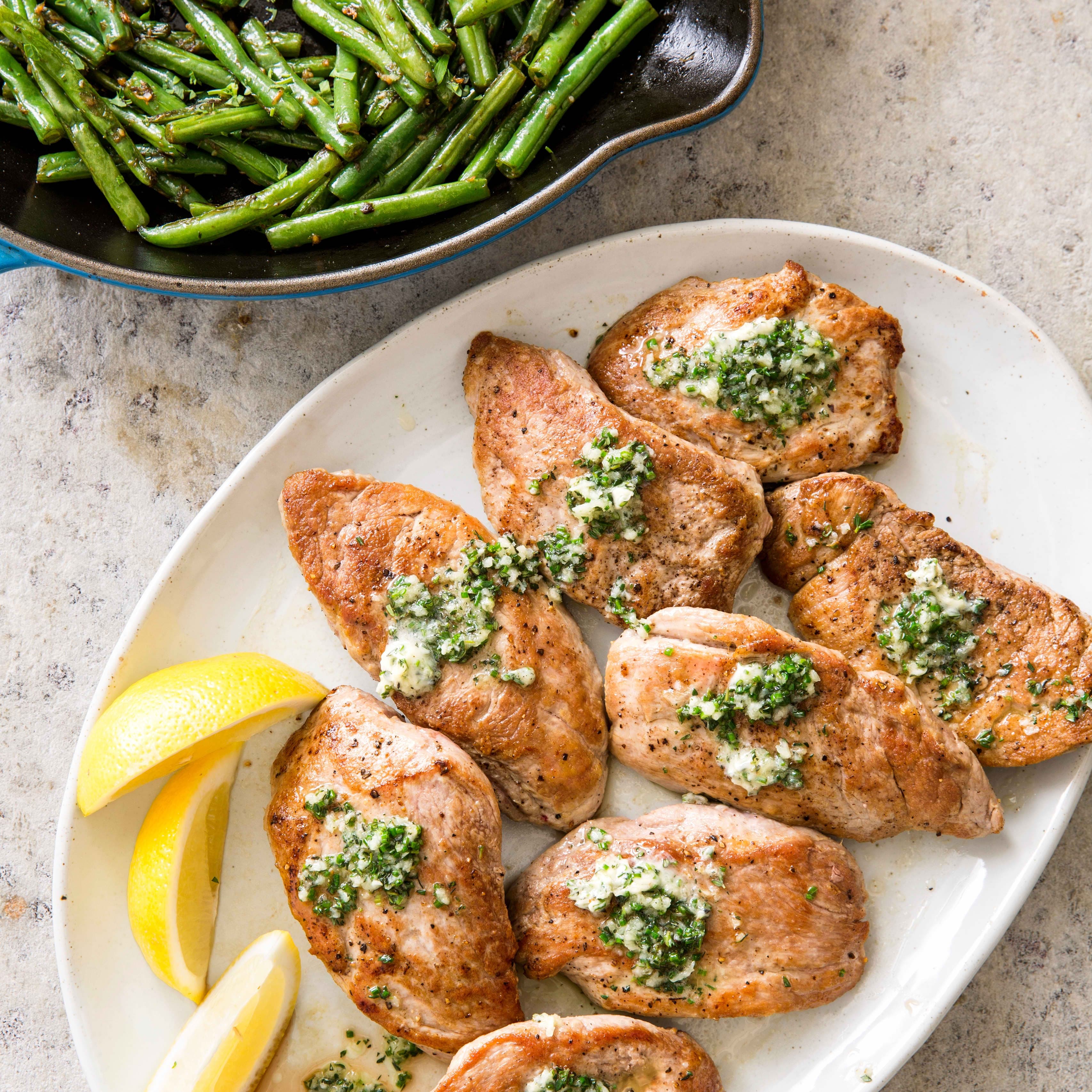 Cast Iron Pan-Seared Pork Cutlets with Horseradish and Herbed Green Beans